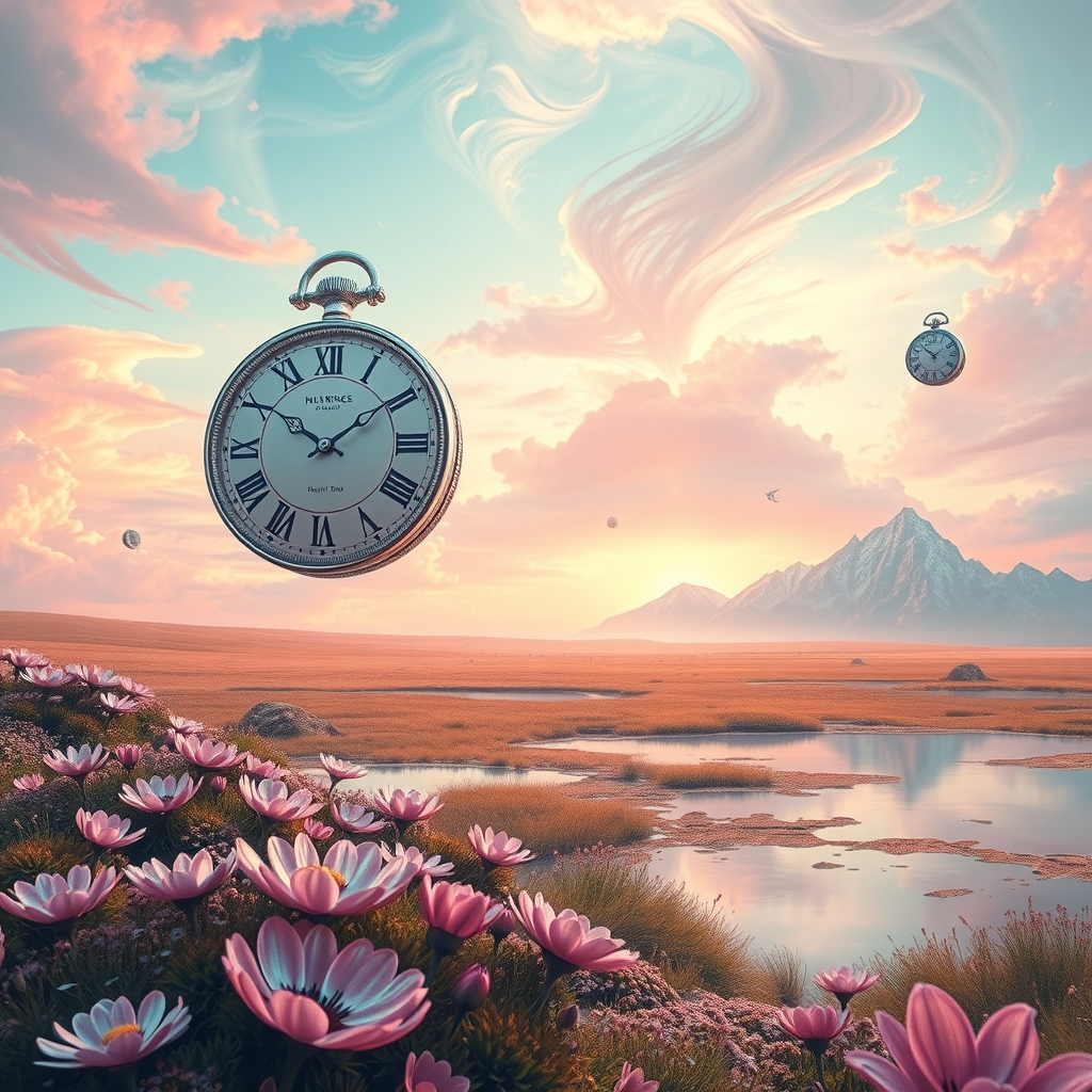 Dreamlike Landscape with Floating Timepieces – free AI stock image