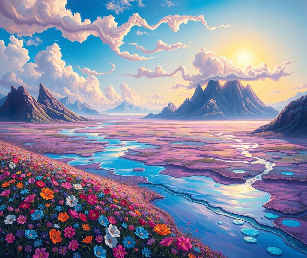 Dreamlike Landscape with Melting Mountains – free AI stock image