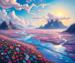 Dreamlike Landscape with Melting Mountains – free AI stock image