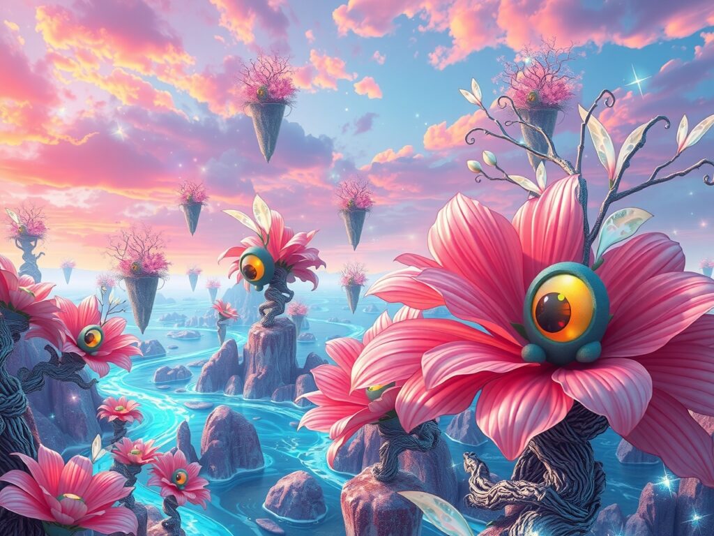 Dreamlike Landscapes with Floating Islands and Rivers – free AI stock image