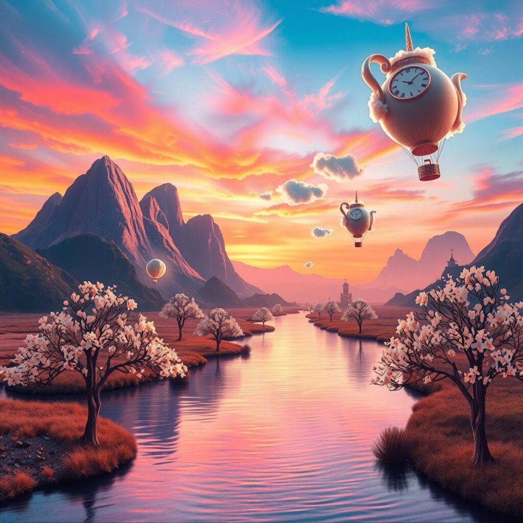 Dreamlike Landscapes with Floating Objects – free AI stock image