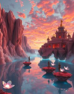Dreamlike Landscapes with Floating Structures – free AI stock image