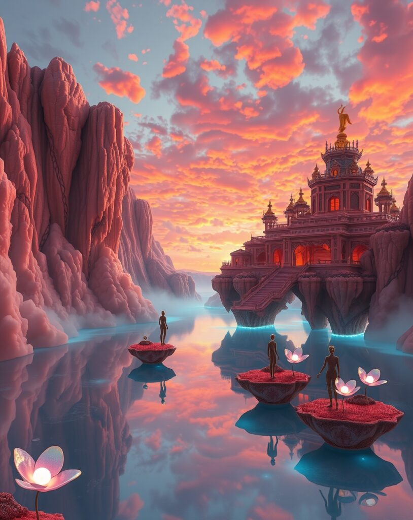 Dreamlike Landscapes with Floating Structures – free AI stock image