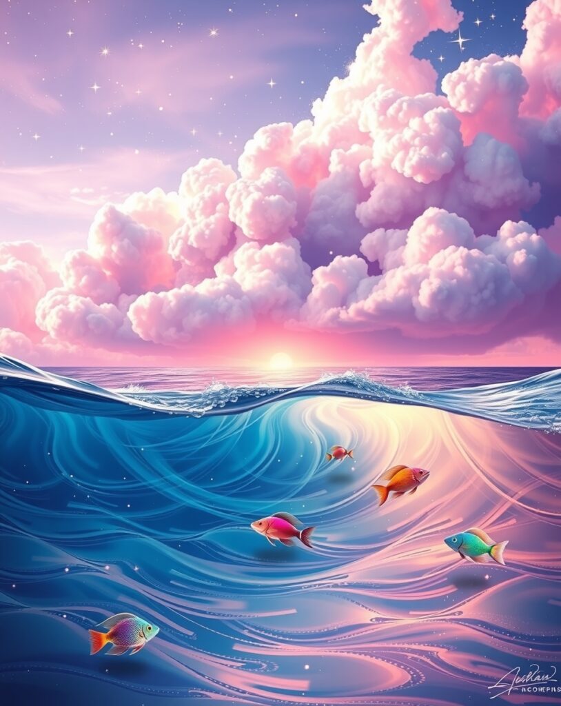 Dreamlike Ocean Under a Cotton Candy Sky – free AI stock image