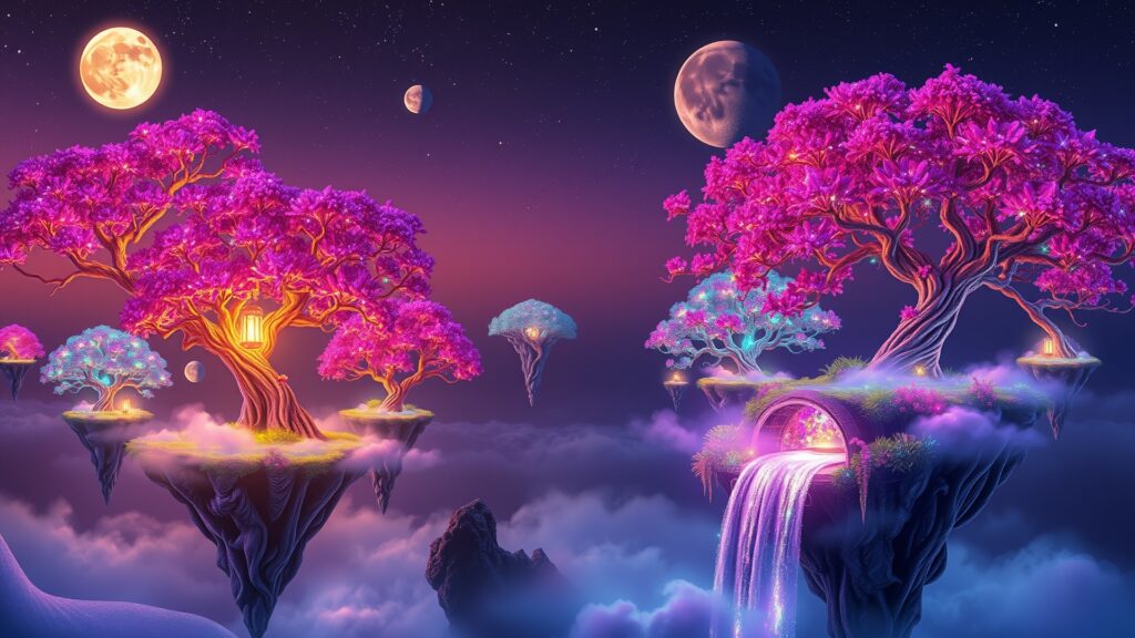 Dreamscape of Floating Islands with Cosmic Trees Image – free AI stock image