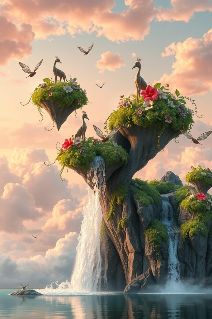 Dreamscape of Floating Islands and Whimsical Creatures – free AI stock image