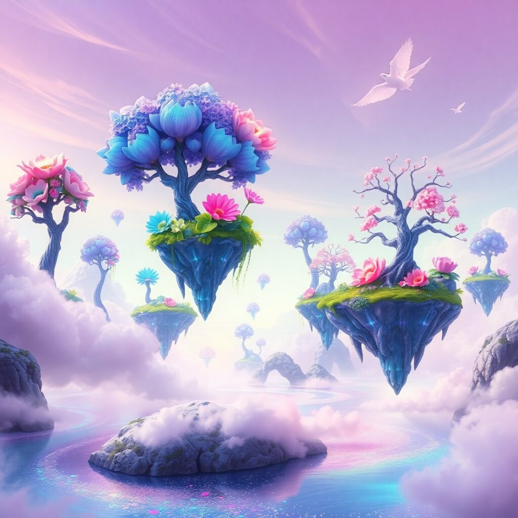 Dreamscape of Floating Islands and Whimsical Flora – free AI stock image