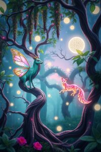 Dreamscape Forest with Floating Animals – free AI stock image