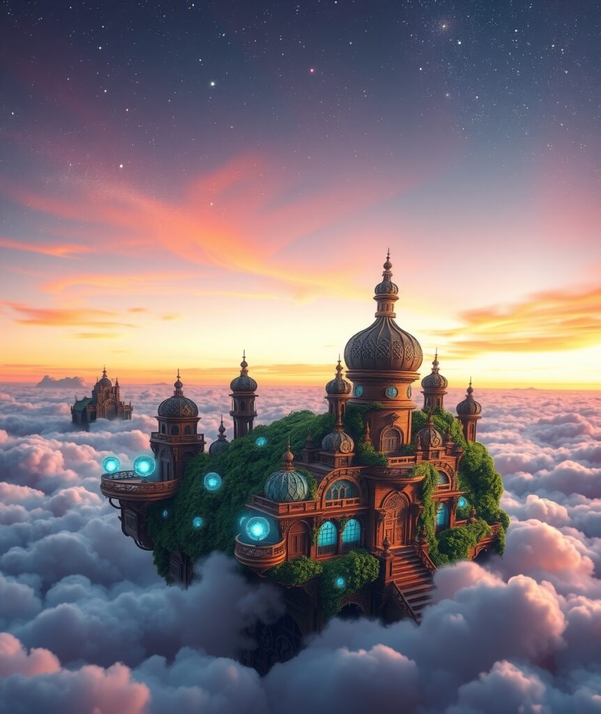 Dreamscape of Floating Cities and Stars – free AI stock image