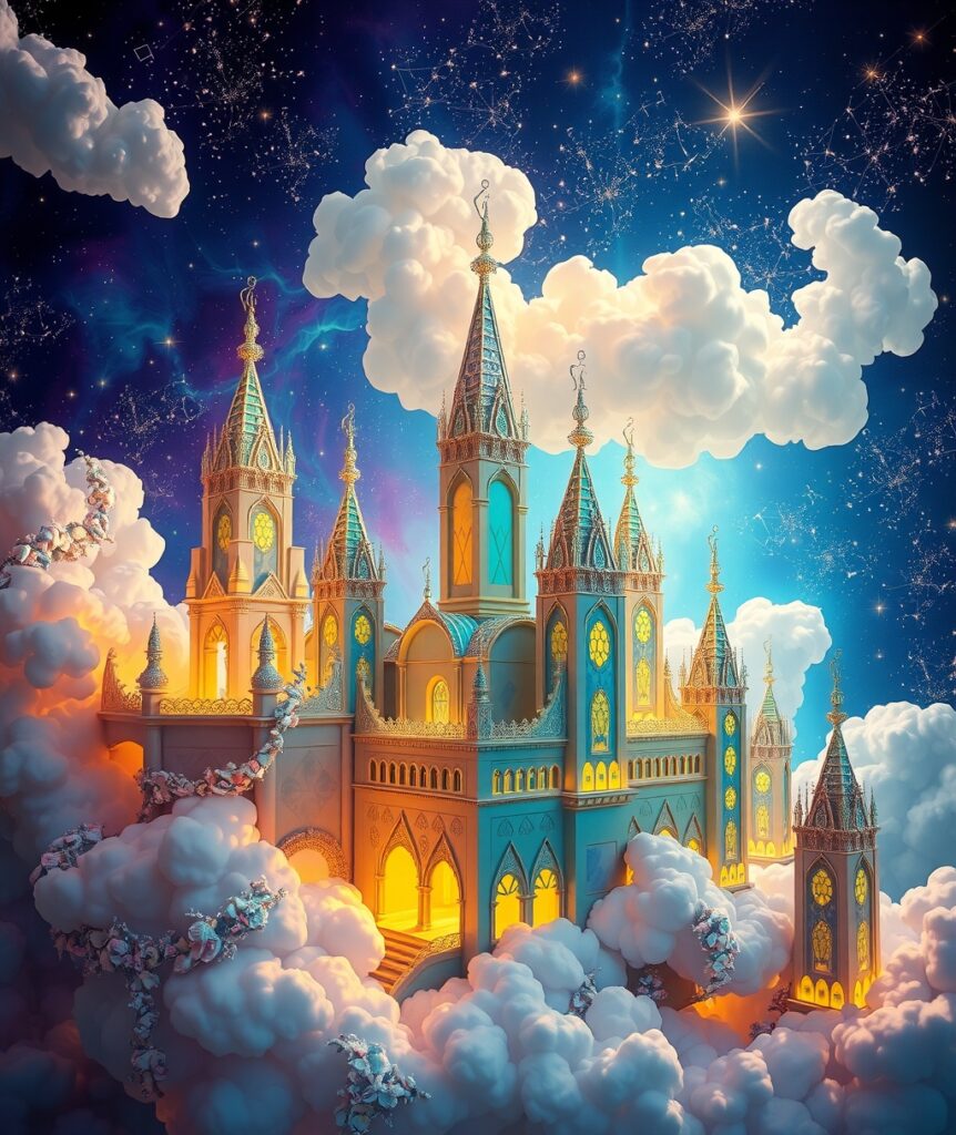 Dreamscape of Floating Cities and Stars – free AI stock image