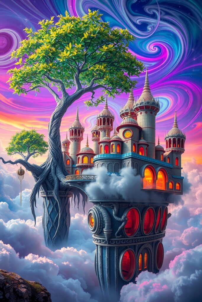 Dreamscape of Floating Cities and Trees – free AI stock image