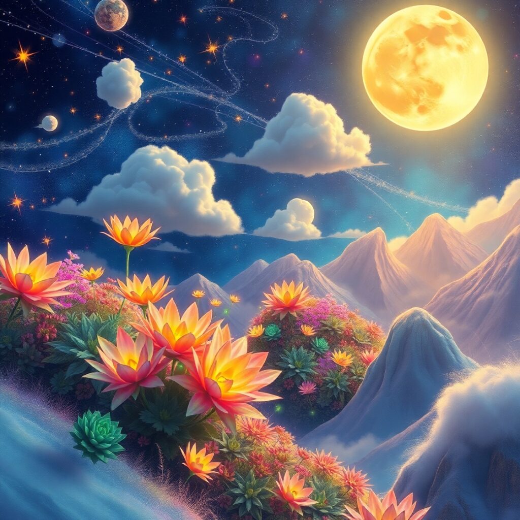 Dreamscape of Floating Gardens and Stars – free AI stock image