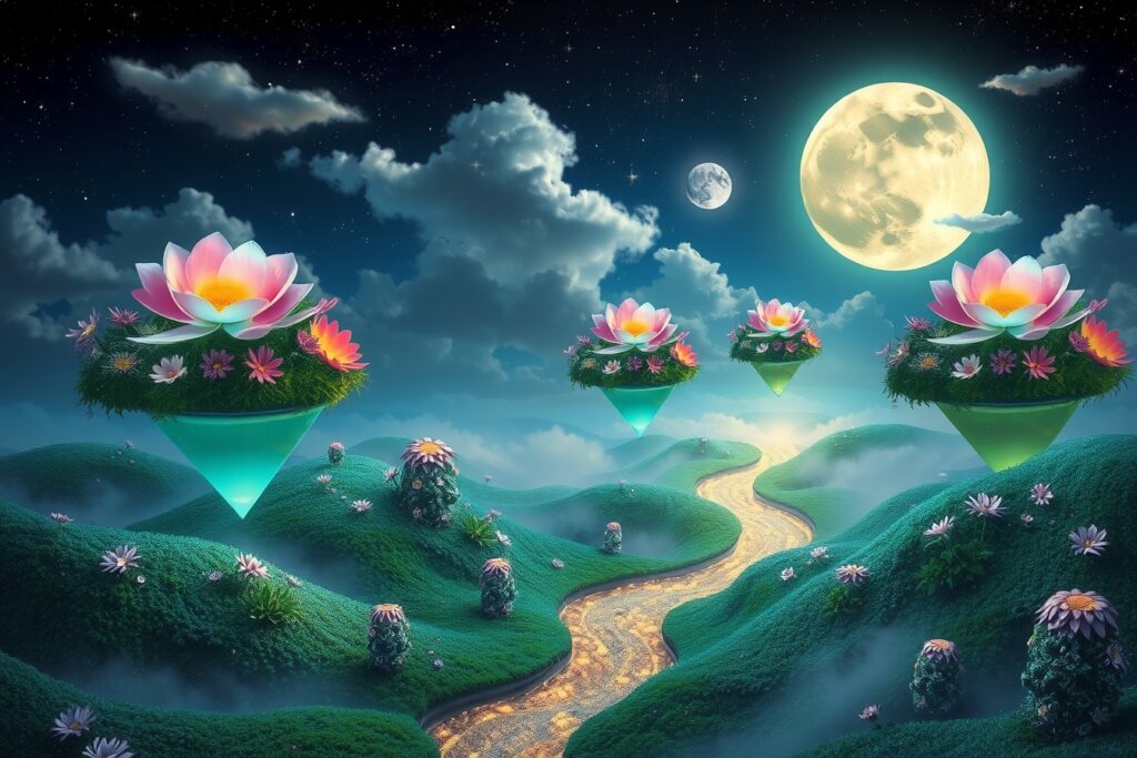 Dreamscape of Floating Gardens and Stars – free AI stock image