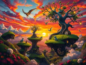 Dreamscape of Floating Islands and Clockwork Trees – free AI stock image
