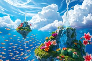 Dreamscape of Floating Islands and Fish – free AI stock image