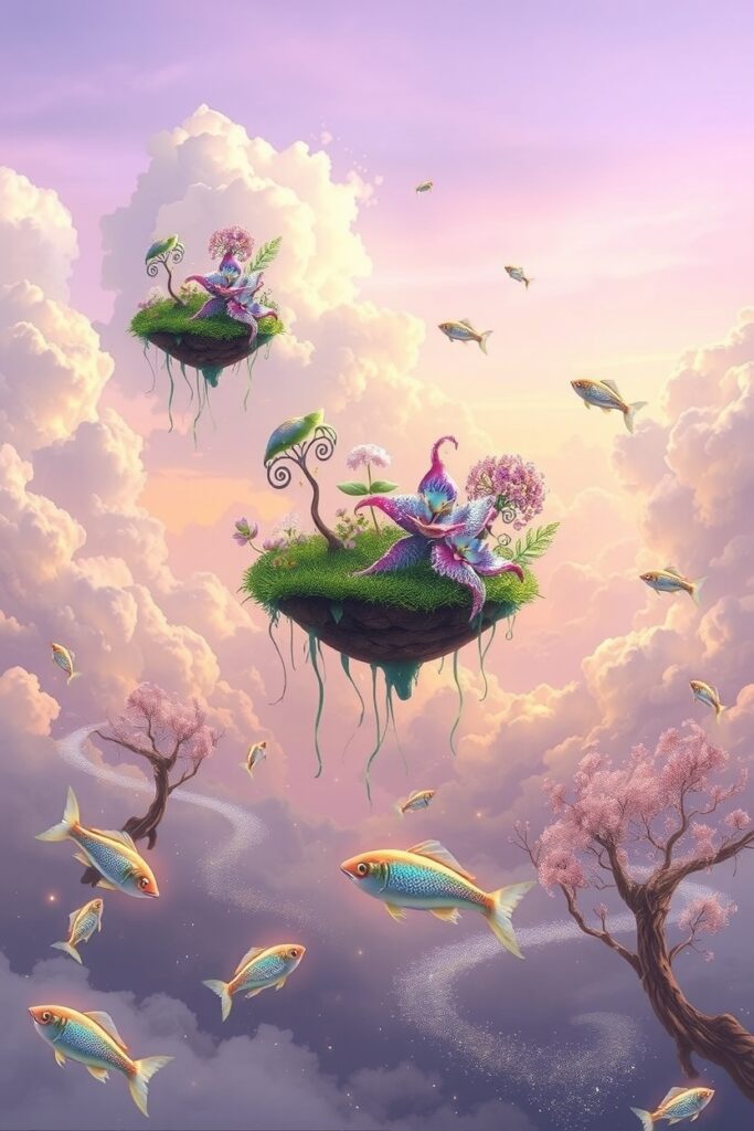 Dreamscape of Floating Islands and Fish – free AI stock image