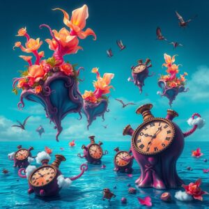 Dreamscape of Floating Islands and Melting Clocks – free AI stock image