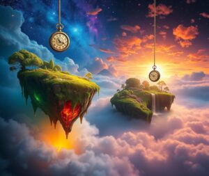 Dreamscape of Floating Islands and Melting Clocks – free AI stock image