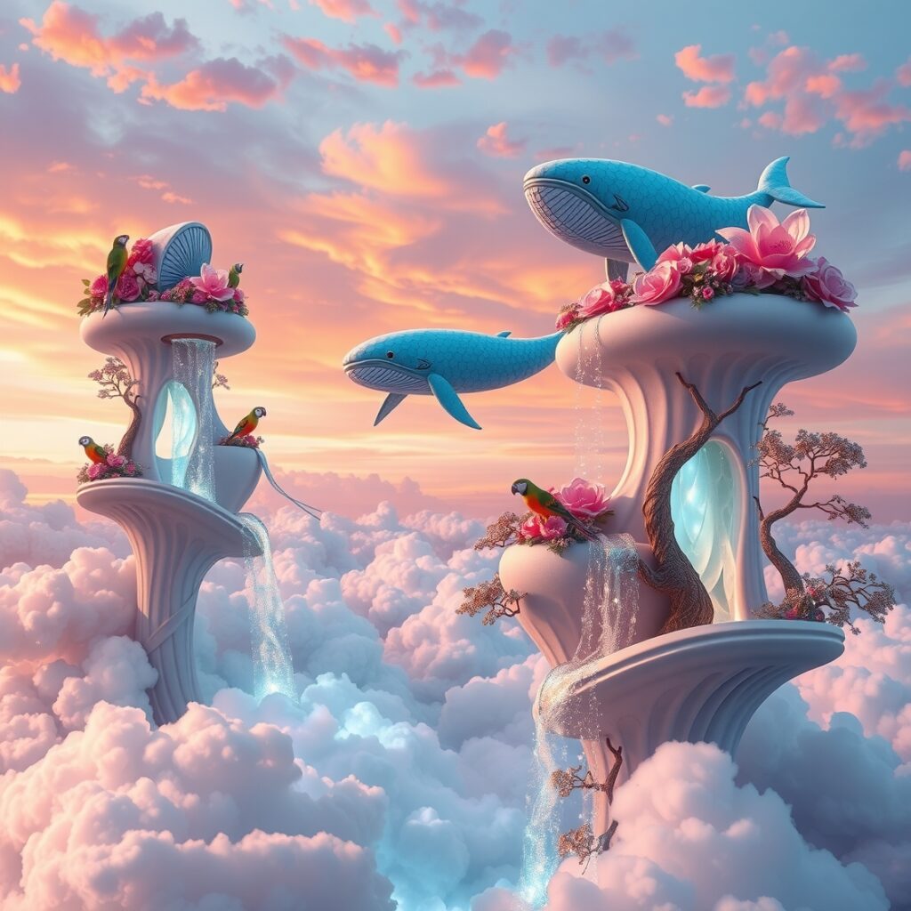 Dreamscape of Floating Islands and Sky Whales – free AI stock image