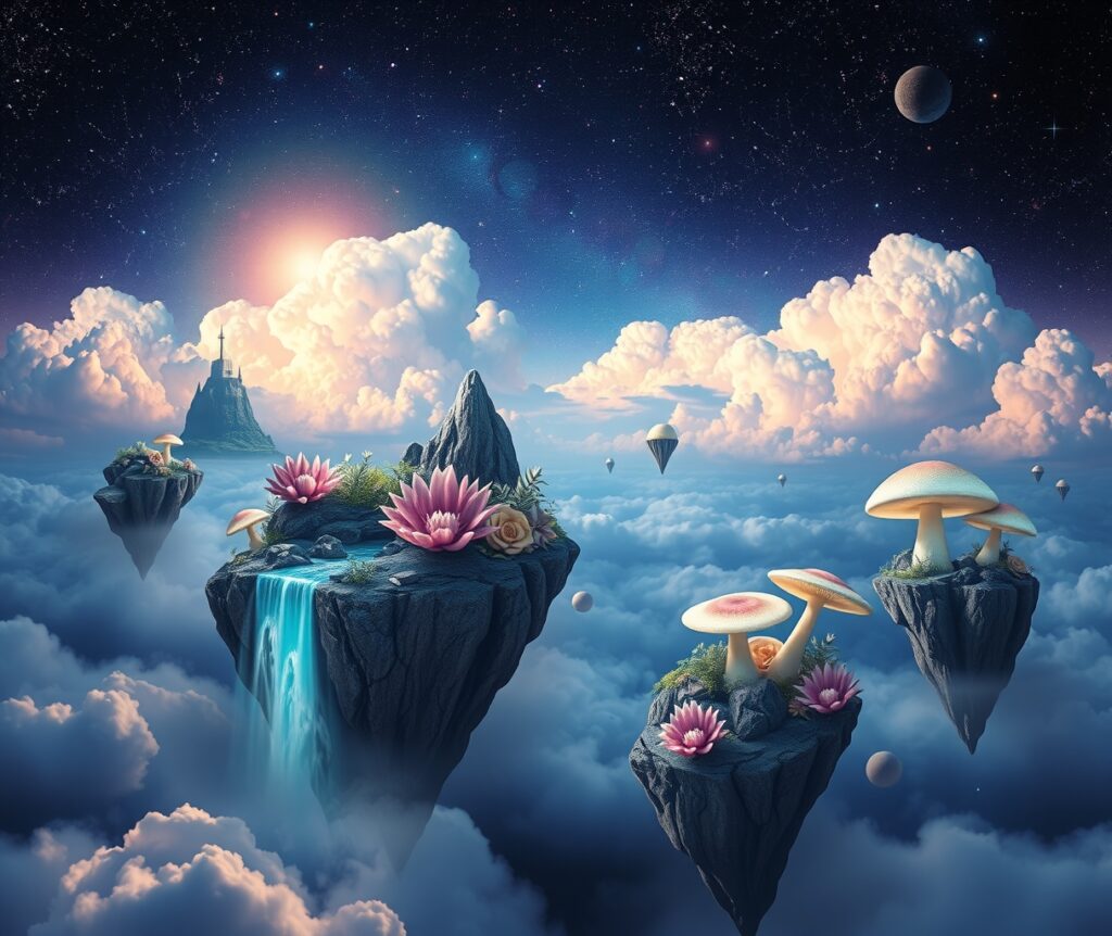 Dreamscape of Floating Islands and Stars – free AI stock image