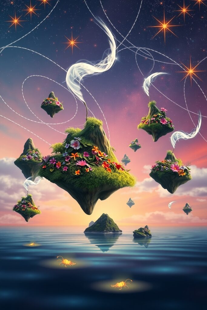 Dreamscape of Floating Islands and Stars – free AI stock image