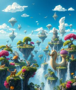 Dreamscape of Floating Islands and Strange Creatures – free AI stock image