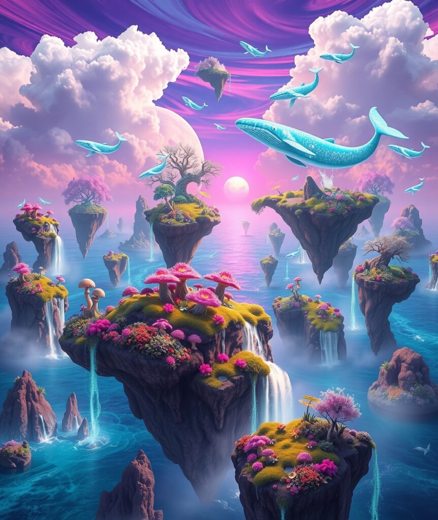Dreamscape of Floating Islands and Whales – free AI stock image