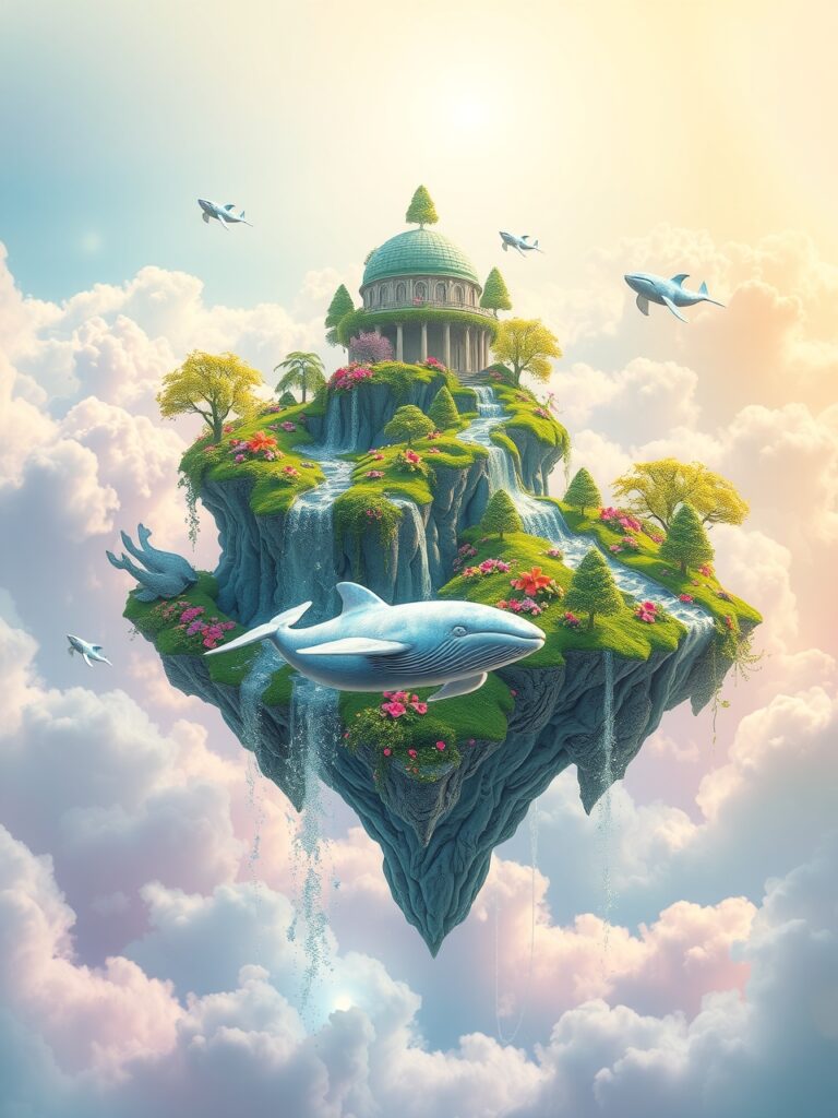 Dreamscape of Floating Islands and Whales – free AI stock image