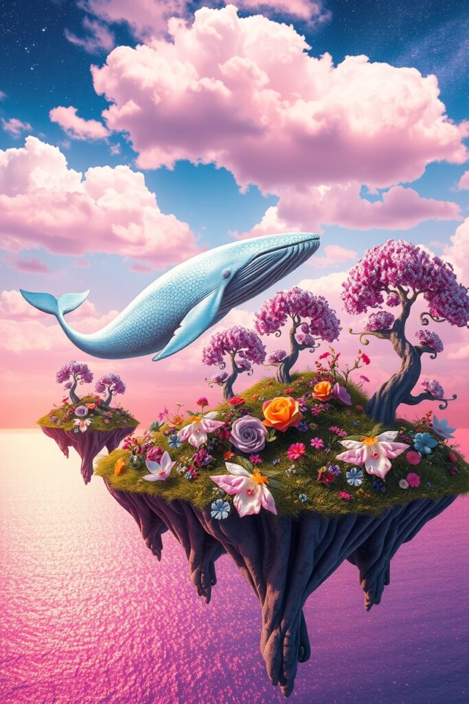 Dreamscape of Floating Islands and Whales – free AI stock image