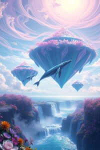 Dreamscape of Floating Islands and Whales – free AI stock image