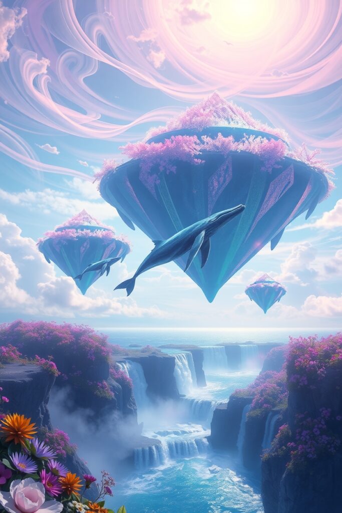 Dreamscape of Floating Islands and Whales – free AI stock image
