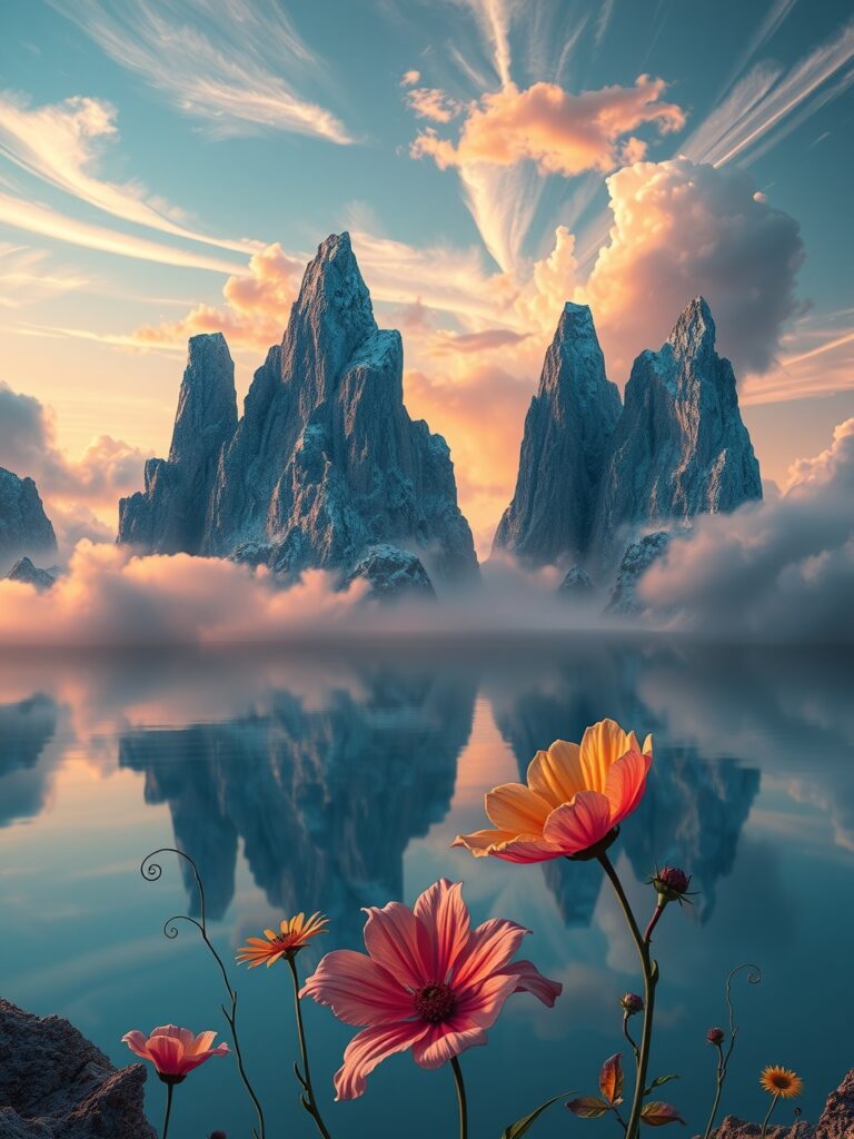 Dreamscape of Floating Mountains and Clouds – free AI stock image