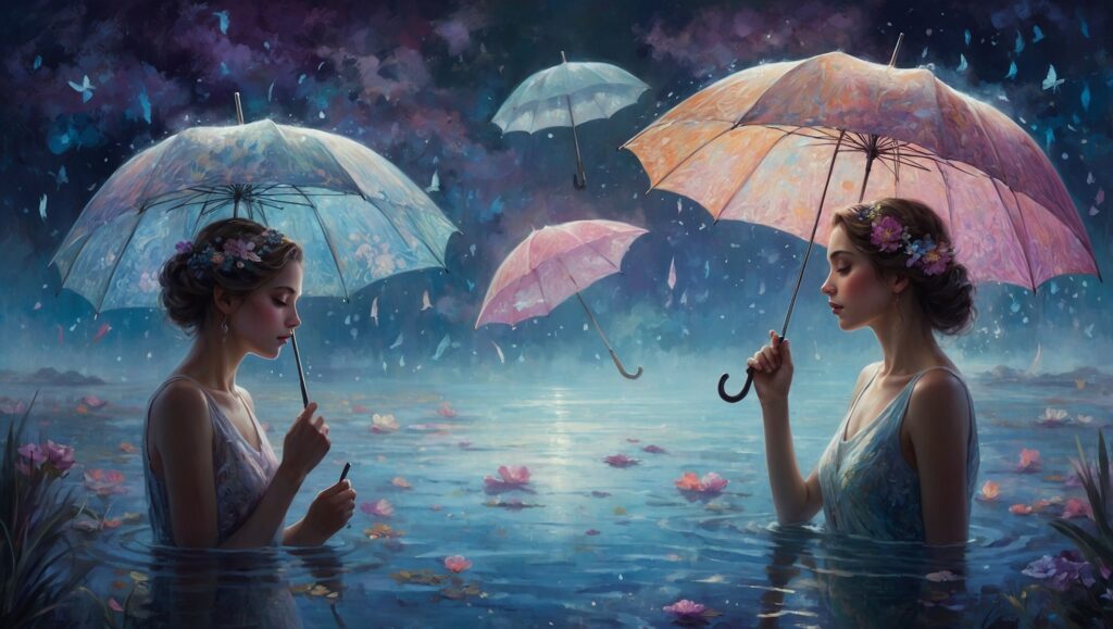 Dreamscape of Floating Umbrellas and Stars – free AI stock image