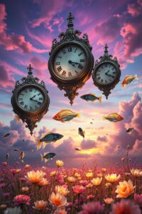 Dreamscape with Floating Clocks and Fish – free AI stock image