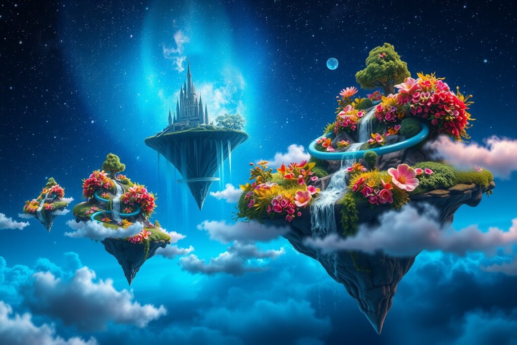 Dreamscape with Floating Islands and Stars – free AI stock image