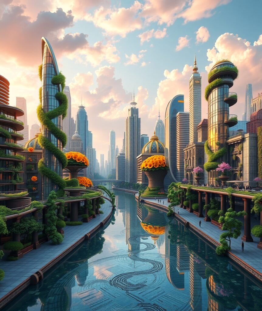 A Dreamy Cityscape Merging with Nature – free AI stock image
