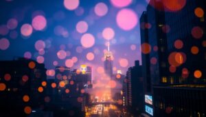 Dreamy Cityscape with Bokeh Lights – free AI stock image