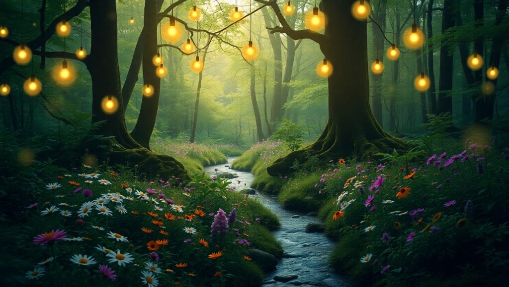Dreamy Forest with Bokeh Lights – free AI stock image