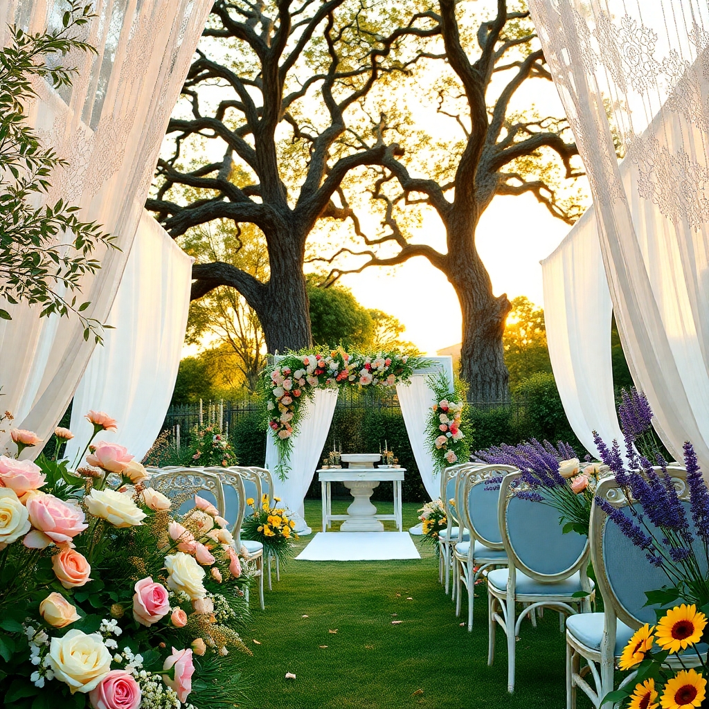 Dreamy Garden Wedding with Blossoming Flowers – free AI stock image