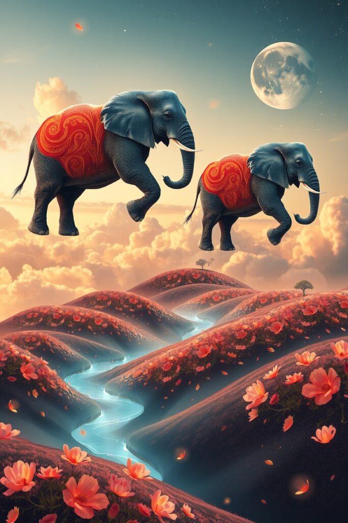 Dreamy Landscape with Floating Elephants – free AI stock image