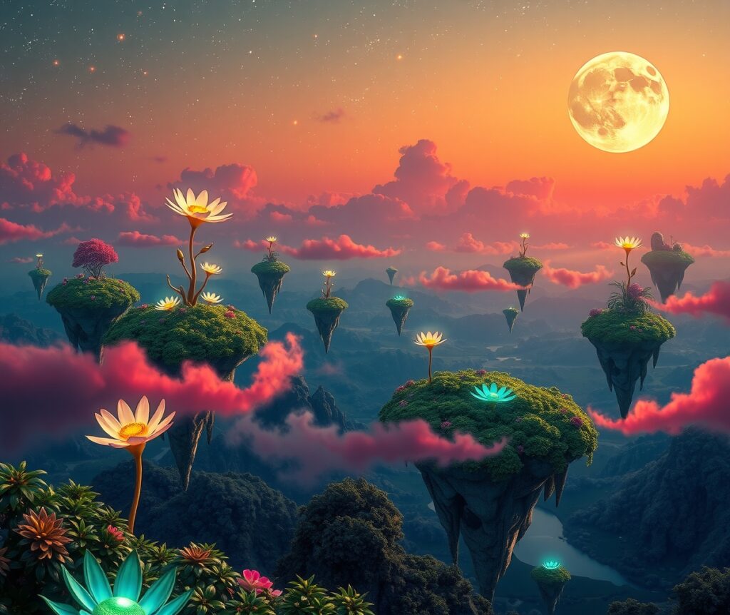 Dreamy Landscape with Floating Islands and Stars – free AI stock image