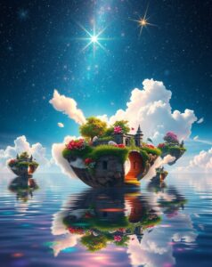 Dreamy Landscapes with Floating Islands and Stars – free AI stock image
