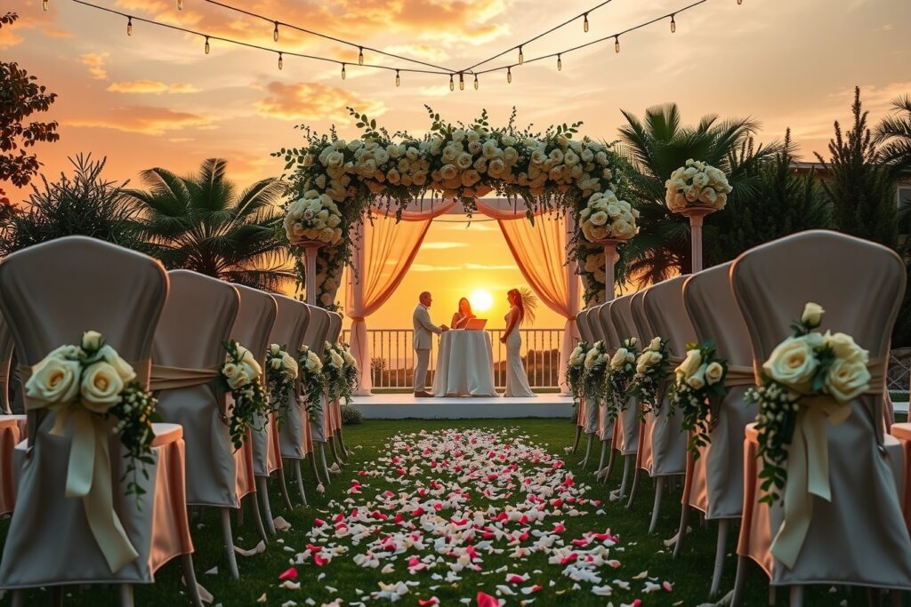 Dreamy Outdoor Wedding Ceremony at Sunset – free AI stock image