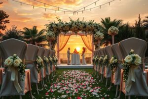 Dreamy Outdoor Wedding Ceremony at Sunset – free AI stock image