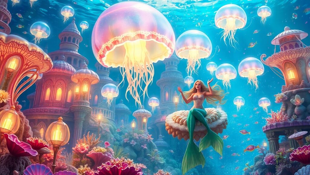 Dreamy Underwater City Adventure – free AI stock image