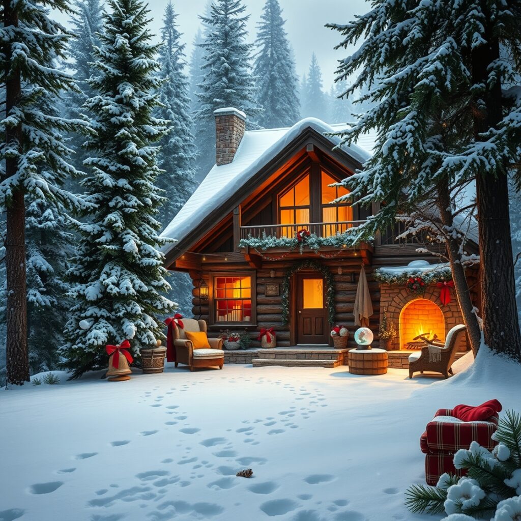 Dreamy Winter Holiday Cabin Scene – free AI stock image