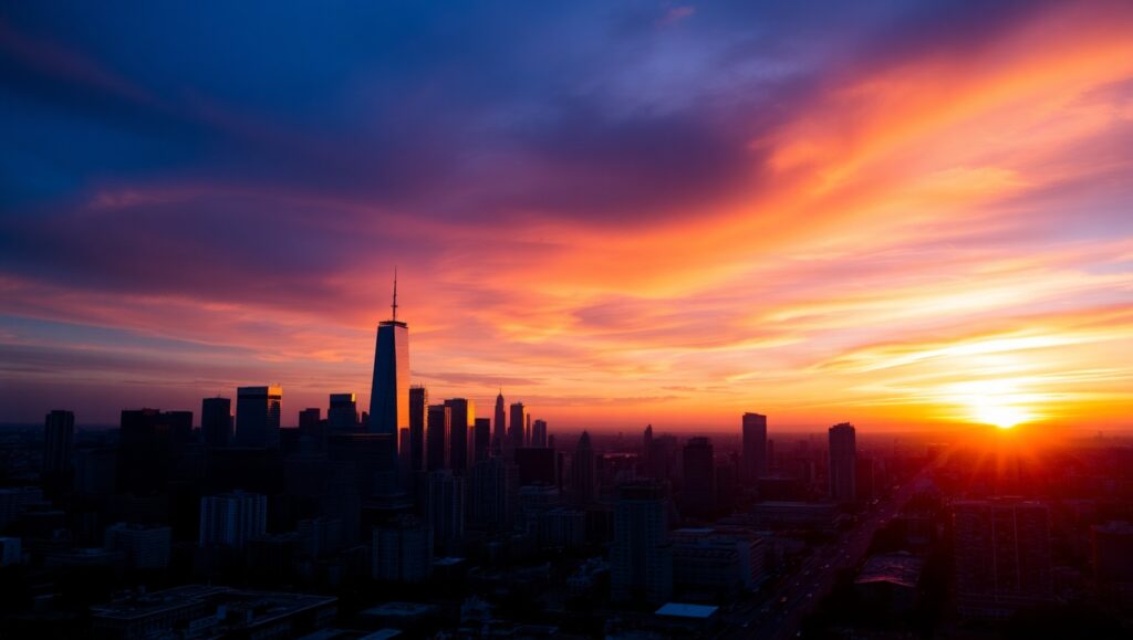 Duotone City Skyline at Sunset – free AI stock image