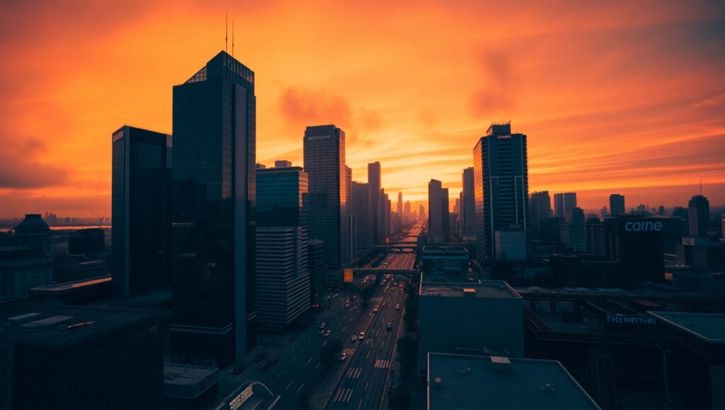 Duotone City Skyline at Sunset e6l – free AI stock image