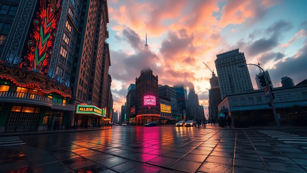 Dusk Cityscape from Below – free AI stock image