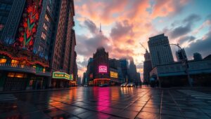 Dusk Cityscape from Below – free AI stock image